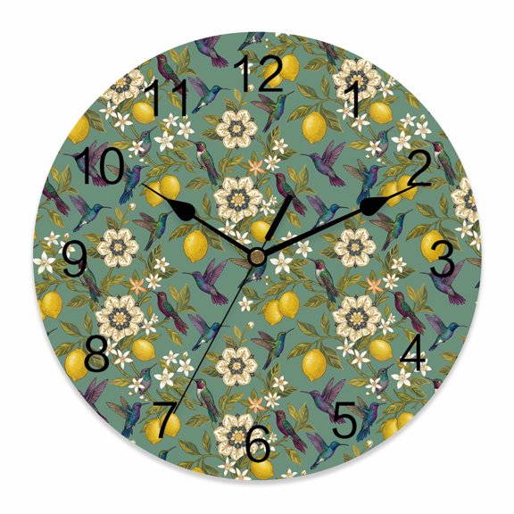 Wall Clock Yellow Lemon Clocks PVC Silent Non-Ticking Battery Operated Summer Fruit Hummingbird Green Flower Round Clock for Home Living Room Kitchen Bedroom Office School Wall Decor 10 Inch