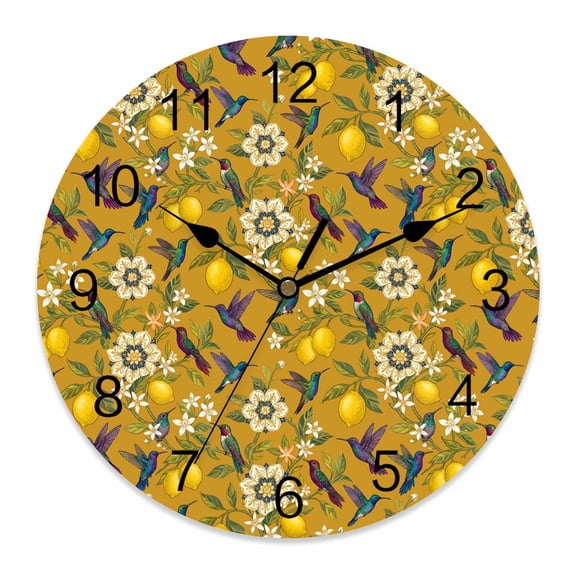 Wall Clock Yellow Lemon Clocks PVC Silent Non-Ticking Battery Operated Summer Fruit Hummingbird Yellow Flower Round Clock for Home Living Room Kitchen Bedroom Office School Wall Decor 12 Inch