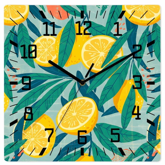 Wall Clock Yellow Lemon Operated Square Clocks Wooden Silent Non-Ticking Wallclock 12 Inch Fruit Leaves Plant Wood Wall Clock for Living Room Bedroom Office Shool Home Decor