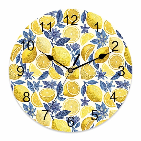 Wall Clock Yellow Lemon Slice Clocks PVC Silent Non-Ticking Battery Operated Decorative Fruit Blue Flower Leaves Round Clock for Home Living Room Kitchen Bedroom Office School Wall Decor 10 Inch