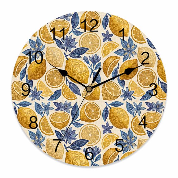 Wall Clock Yellow Lemon Slice Clocks PVC Silent Non-Ticking Battery Operated Decorative Fruit Orange Flower Leaves Round Clock for Home Living Room Kitchen Bedroom Office School Wall Decor 10 Inch
