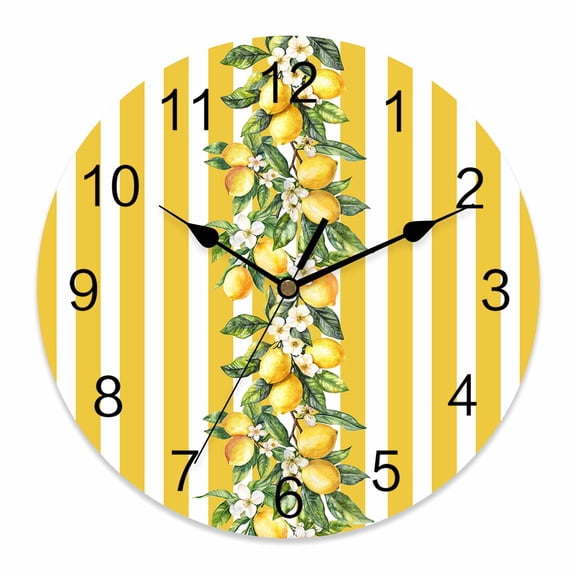 Wall Clock Yellow Lemon Stripes Clocks PVC Silent Non-Ticking Battery Operated Decorative Floral Fruit Leaves Round Clock for Home Living Room Kitchen Bedroom Office School Wall Decor 10 Inch