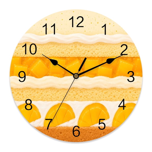 Wall Clock Yellow Mangos Cake Clocks PVC Silent Non-Ticking Battery Operated Decorative Delicious Cream Dessert Round Clock for Home Living Room Kitchen Bedroom Office School Wall Decor 10 Inch
