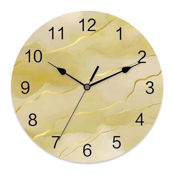 Wall Clock Yellow Marble Gold Veins Clocks PVC Silent Non-Ticking Battery Operated Decorative Modern Abstract Fluid Round Clock for Home Living Room Kitchen Bedroom Office School Wall Decor 12 Inch