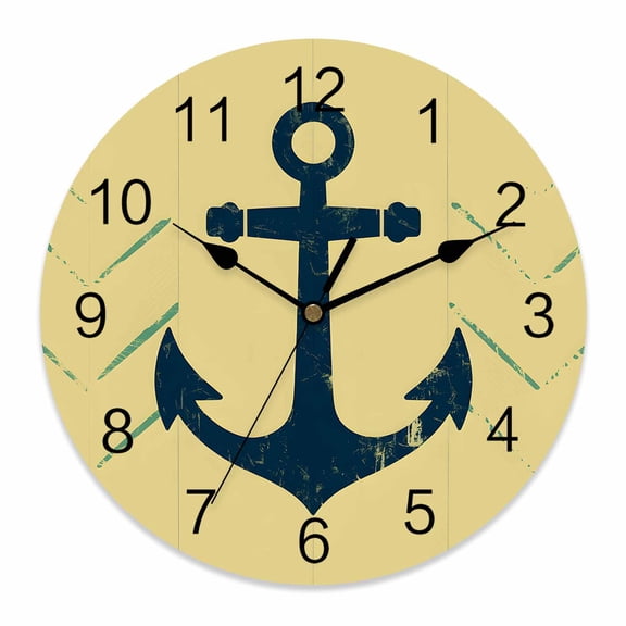 Wall Clock Yellow Nautical Anchor Clocks PVC Silent Non-Ticking Battery Operated Decorative Coastal Lines Round Clock for Home Living Room Kitchen Bedroom Office School Wall Decor 10 Inch