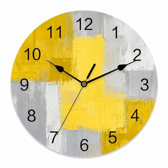 Wall Clock Yellow Painting Clocks PVC Silent Non-Ticking Battery Operated Decorative Grey Abstract Graffiti Art Round Clock for Home Living Room Kitchen Bedroom Office School Wall Decor 10 Inch