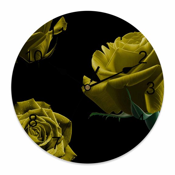 Wall Clock Yellow Rose Clocks PVC Silent Non-Ticking Battery Operated Decorative Vintage Flower Garden Round Clock for Home Living Room Kitchen Bedroom Office School Wall Decor 10 Inch