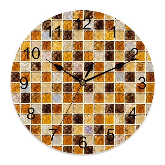 Wall Clock Yellow Square Mosaic Clocks PVC Silent Non-Ticking Battery Operated Decorative Glass Blocks Tiles Round Clock for Home Living Room Kitchen Bedroom Office School Wall Decor 10 Inch