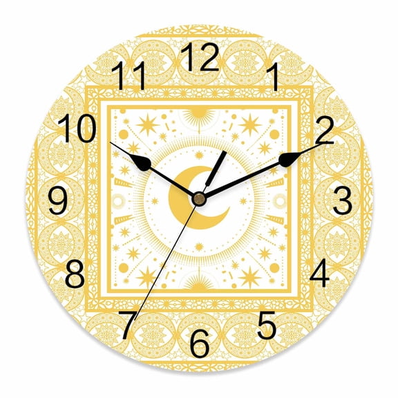 Wall Clock Yellow Stars Moon Clocks PVC Silent Non-Ticking Battery Operated Decorative Boho Gorgeous Geometric Round Clock for Home Living Room Kitchen Bedroom Office School Wall Decor 10 Inch