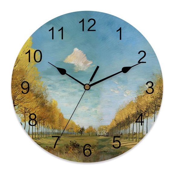 Wall Clock Yellow Tree Lined Path Clocks PVC Silent Non-Ticking Battery Operated Decorative Blue Sky Oil Painting Round Clock for Home Living Room Kitchen Bedroom Office School Wall Decor 10 Inch
