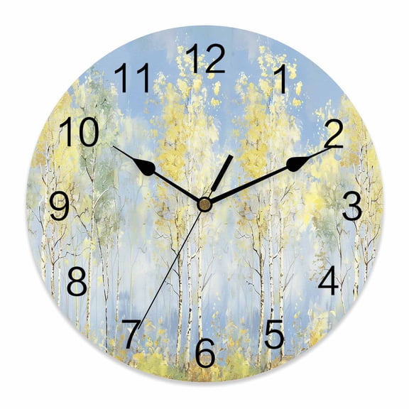 Wall Clock Yellow Tree Plant Clocks PVC Silent Non-Ticking Battery Operated Decorative Forest Oil Painting Round Clock for Home Living Room Kitchen Bedroom Office School Wall Decor 10 Inch