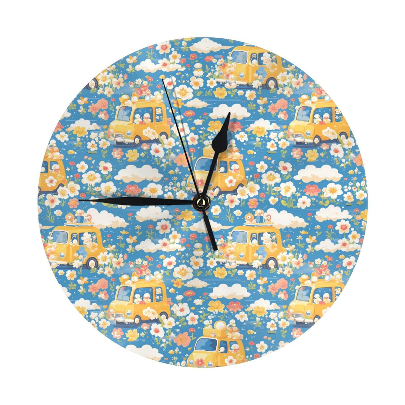 Wall Clock, cute daisy car yellow Wall Clocks Battery Operated Silent