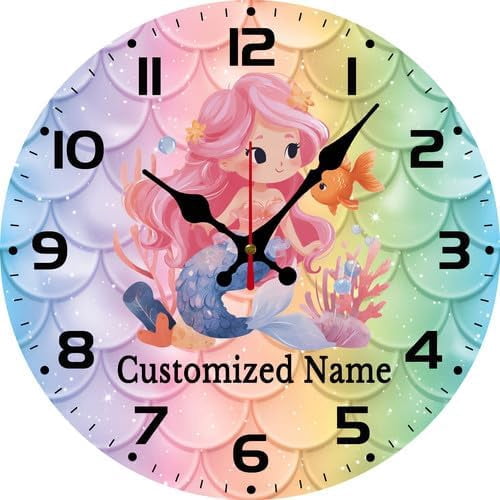 Wall Clock for Bedroom Round Wooden Silent Analog Non-Ticking Mermaid ...