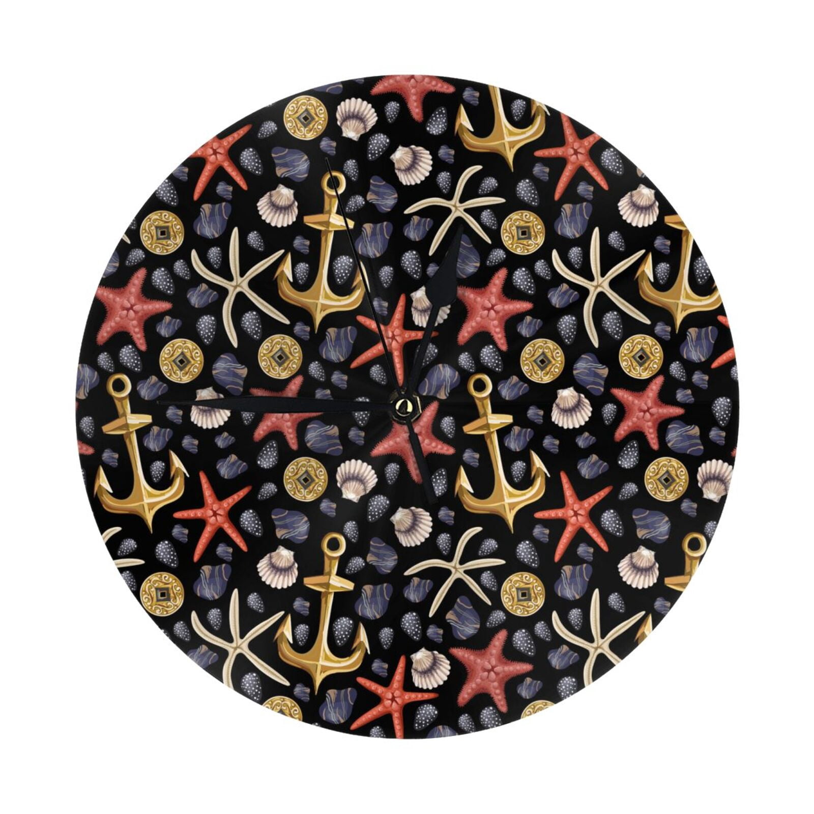 Wall Clock, golden anchors starfishes shells rope Wall Clocks Battery ...