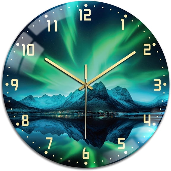 Wall Clocks Battery Operated Aurora and Landscape 12 Inch Glass Wall Clock Non Ticking for Kitchen Living Room Dining Room Bedroom and Bathroom Decor Accessories (Battery not Included)