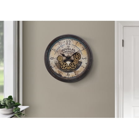 Wall Clocks Clocks, 20" Round, Gear Mechanism, Wall Clock, Brown, Transitional,Table Clocks