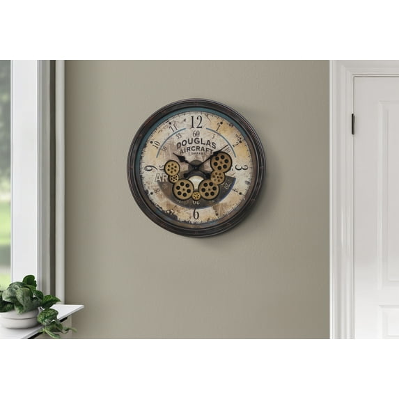 Wall Clocks Clocks, 20" Round, Gear Mechanism, Wall Clock, Brown, Transitional,Table Clocks