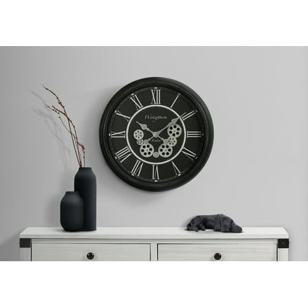 Wall Clocks Clocks, 23" Round, Gear Mechanism, Wall Clock, Black, Transitional,Table Clocks