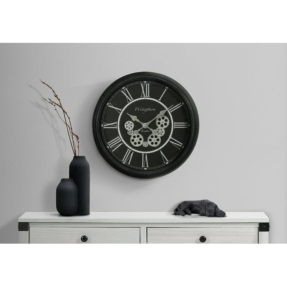 Wall Clocks Clocks, 23" Round, Gear Mechanism, Wall Clock, Black, Transitional,Table Clocks