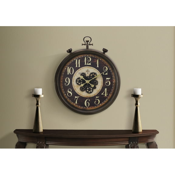 Wall Clocks Clocks, 24" Round, Gear Mechanism, Wall Clock, Brown, Traditional,Table Clocks