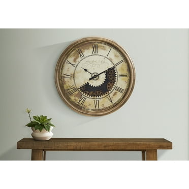 Wall Clocks Clocks, 30" Round, Gear Mechanism, Large Oversized, Wall Clock, Antique Gold, Transitional,Table Clocks