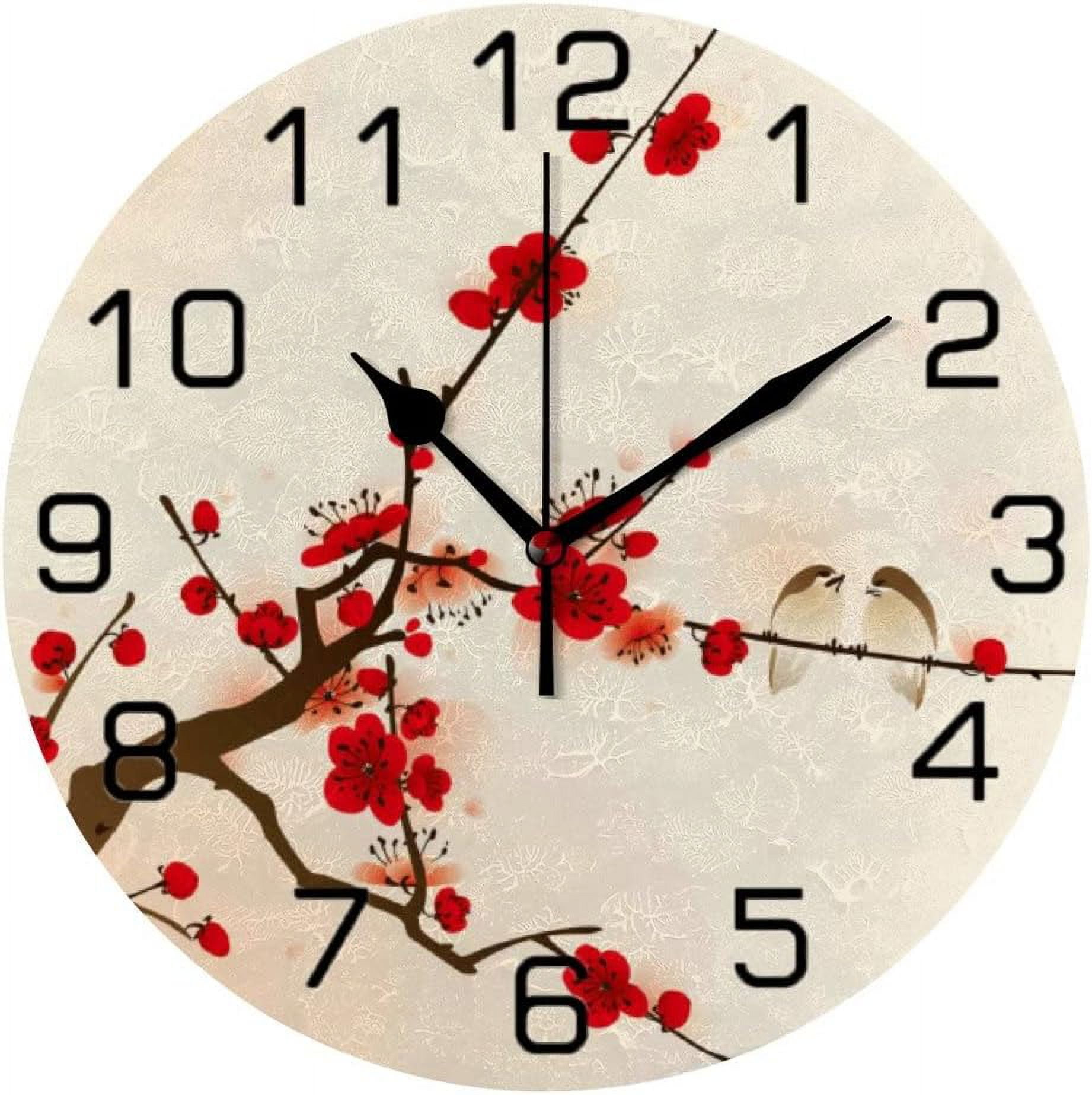Wall Clocks for Living Room Decor a Couple Bird in Red Cherry Flower