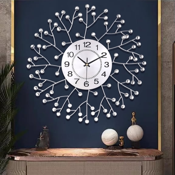 Wall Clocks for Living Room Decor Modern Silen Stylish Diamond Large Wall Clocks for Living Room, Bedroom, Kitchen, Home Decor 20 Inch Silver Drop Crystal Wall Watch for Indoor