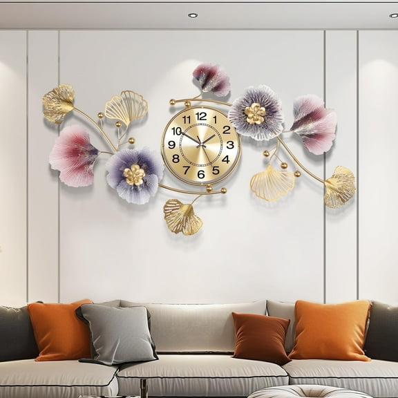 33"Large Wall Clock – 3D Metal Ginkgo Leaf Decorative Wall Clock, Non-Ticking Wall Clocks Battery Operated, Modern Clocks for Living Room, Gift-Ready for Home or Office