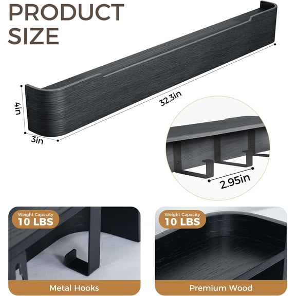 Wall Coat Rack Floating Shelves Modern Coat Rack Wall Mount with Storage Entryway Shelf Wooden Hanger 20 Inch 4 Hidden Metal Hooks for Living Room Bedroom (Black, 8 Hooks)