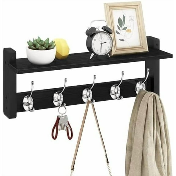 Wall Coat Rack With Shelf, Wood Entryway Hanger With Hooks, Small Floating Pegs for Hanging Coats, Hats, Purses, Backpacks, Black
