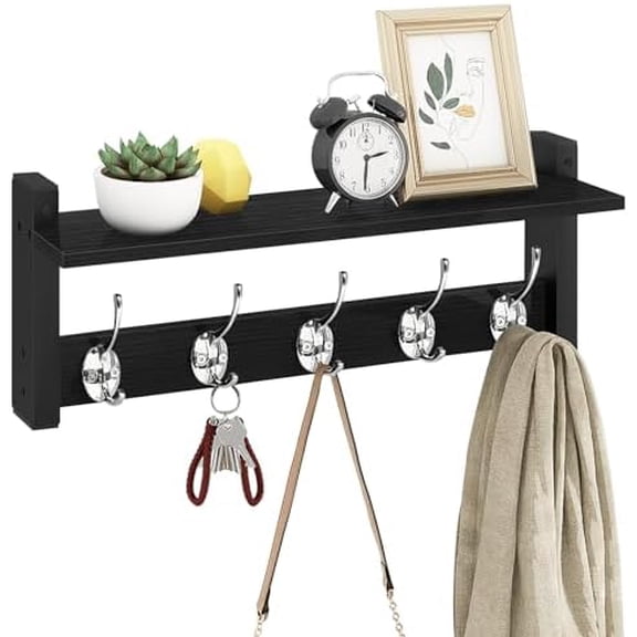 Wall Coat Rack With Shelf, Wood Entryway Hanger With Hooks, Small Floating Pegs for Hanging Coats, Hats, Purses, Backpacks, Black