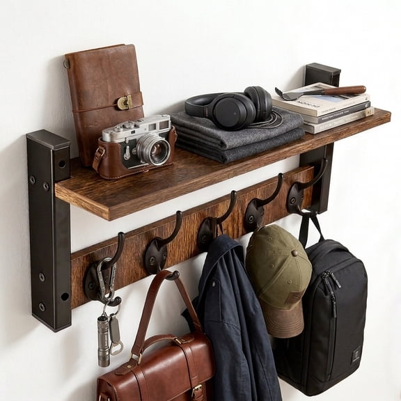 Wall Coat Rack with Hooks,2 in 1 Coat Rack Wall Mount with Shelf,Entryway Wall Mounted Shelf with Mail Holder for Bedroom,Living Room, Bathroom