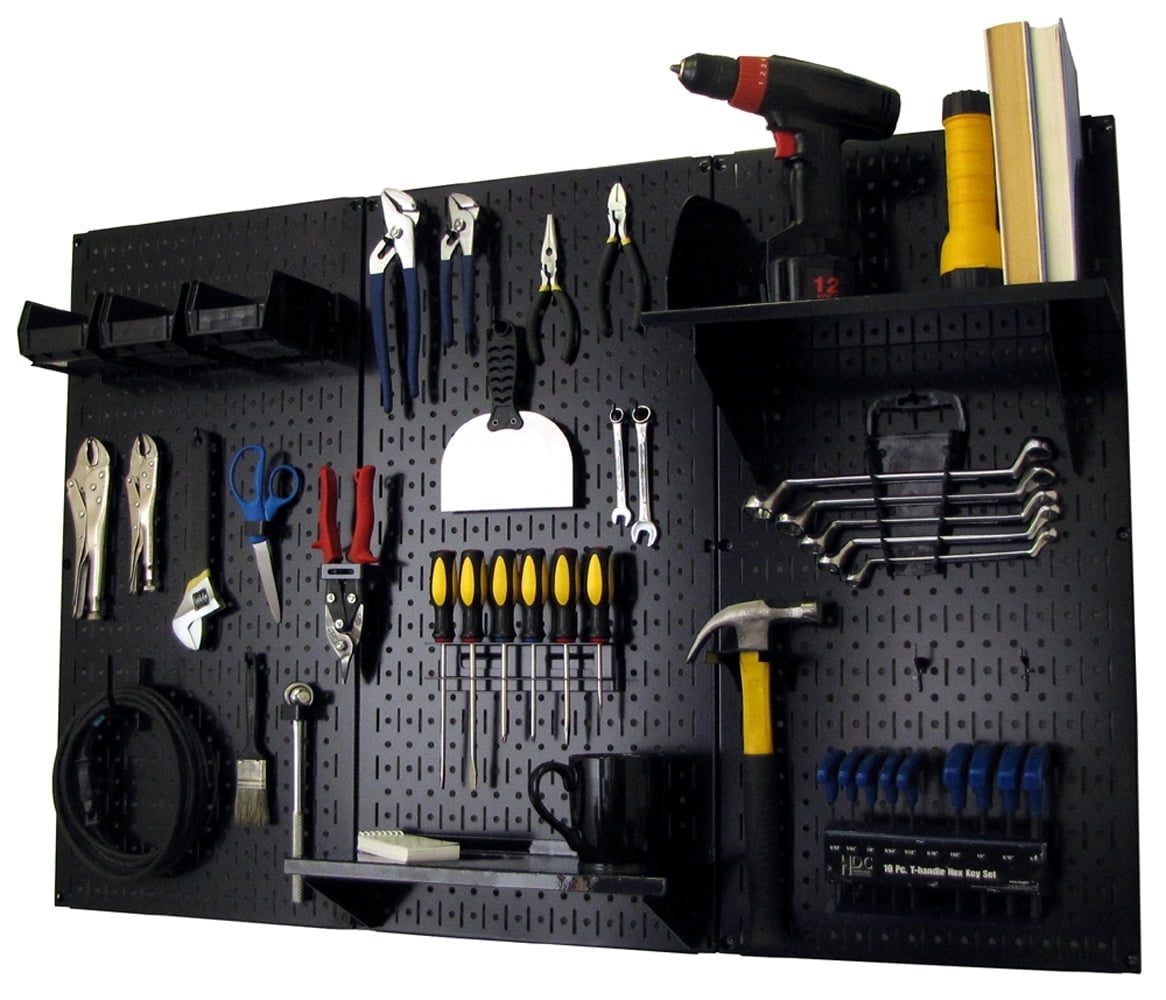 Wall Control 4ft Metal Pegboard Standard Tool Storage Kit - Black Toolboard with Black Hooks and Accessories