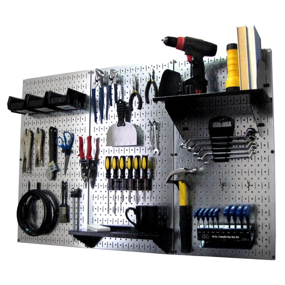 Wall Control 4ft Metal Pegboard Standard Tool Storage Kit - Galvanized Metallic Toolboard & Black Accessories