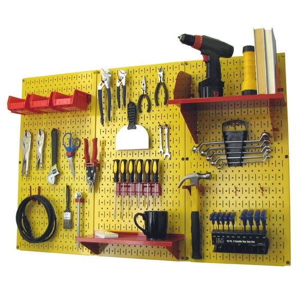 Wall Control 4ft Metal Pegboard Standard Tool Storage Kit - Yellow Toolboard & Red Accessories