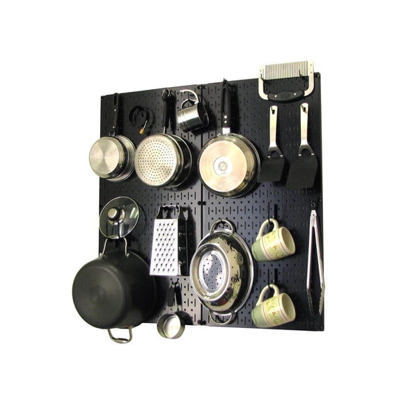 Wall Control Kitchen Pegboard Organizer Pots and Pans Pegboard Pack Storage and Organization Kit with Black Pegboard and Black Accessories