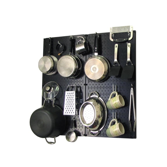 Wall Control Kitchen Pegboard Organizer Pots and Pans Pegboard Pack Storage and Organization Kit with Black Pegboard and White Accessories