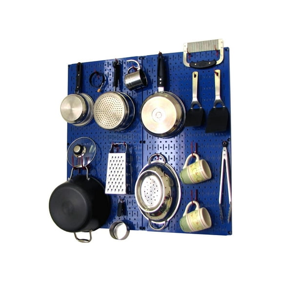 Wall Control Kitchen Pegboard Organizer Pots and Pans Pegboard Pack Storage and Organization Kit with Blue Pegboard and Red Accessories