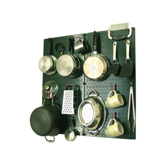 Wall Control Kitchen Pegboard Organizer Pots and Pans Pegboard Pack Storage and Organization Kit with Green Pegboard and Red Accessories