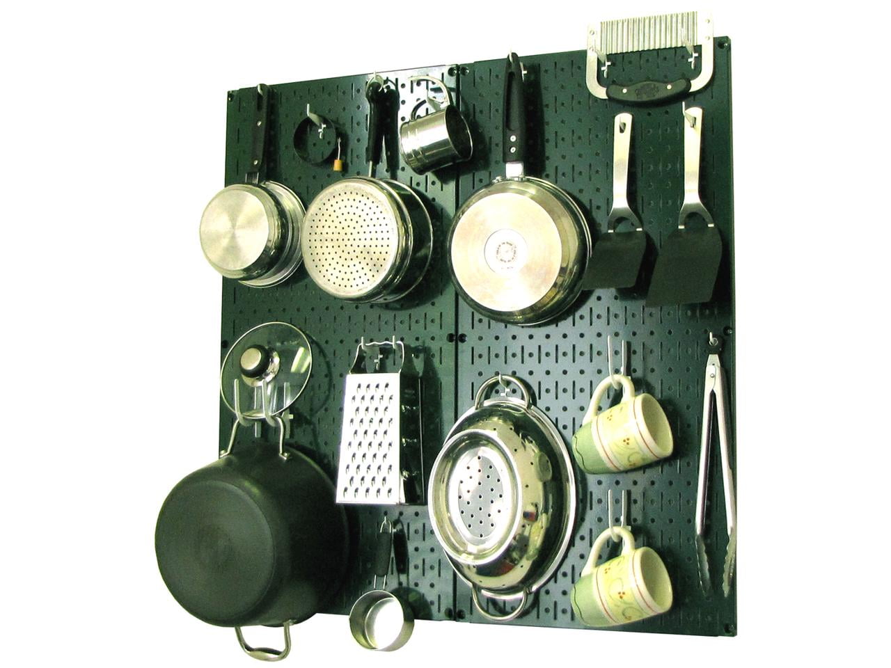 Green Metal Pegboard Kitchen Organizer with White Hooks