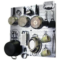 Wall Control Kitchen Pegboard Organizer Pots and Pans Pegboard Pack Storage and Organization Kit with Metallic Silver Pegboard and Blue Accessories
