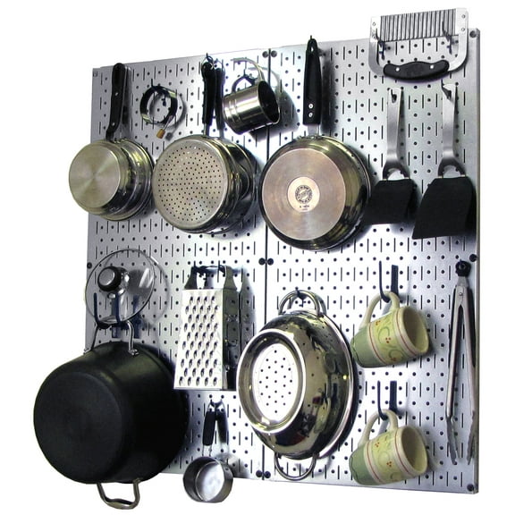 Wall Control Kitchen Pegboard Organizer Pots and Pans Pegboard Pack Storage and Organization Kit with Metallic Silver Pegboard and Blue Accessories