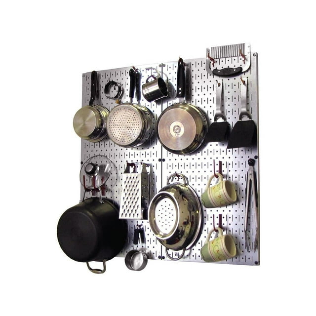 Wall Control Kitchen Pegboard Organizer Pots and Pans Pegboard Pack Storage and Organization Kit with Metallic Silver Pegboard and Red Accessories