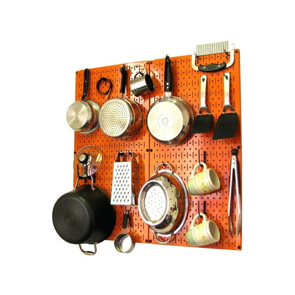 Wall Control Kitchen Pegboard Organizer Pots and Pans Pegboard Pack Storage and Organization Kit with Orange Pegboard and Blue Accessories