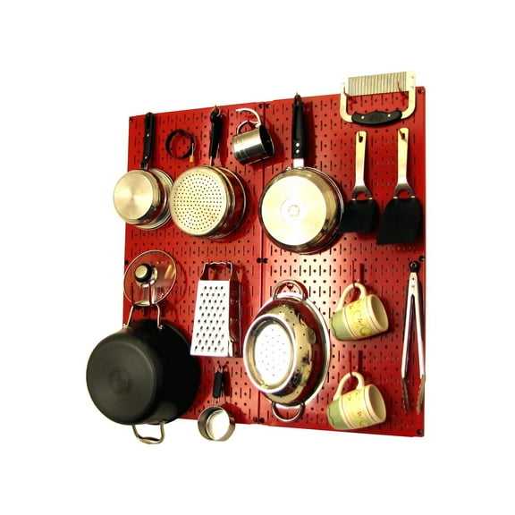 Wall Control Kitchen Pegboard Organizer Pots and Pans Pegboard Pack Storage and Organization Kit with Red Pegboard and Red Accessories