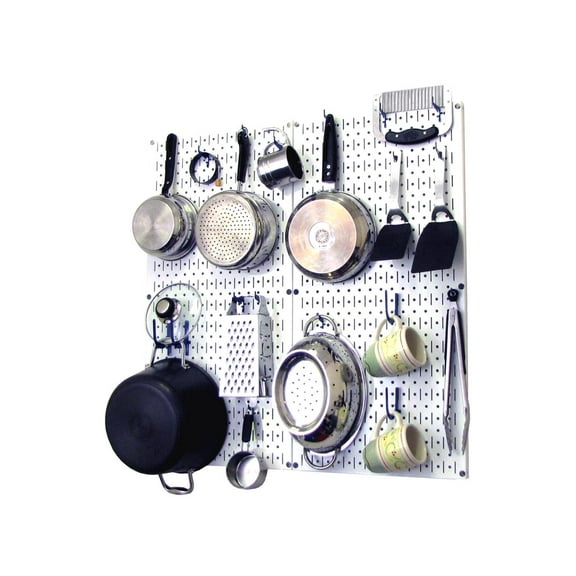 Wall Control Kitchen Pegboard Organizer Pots and Pans Pegboard Pack Storage and Organization Kit with White Pegboard and Blue Accessories