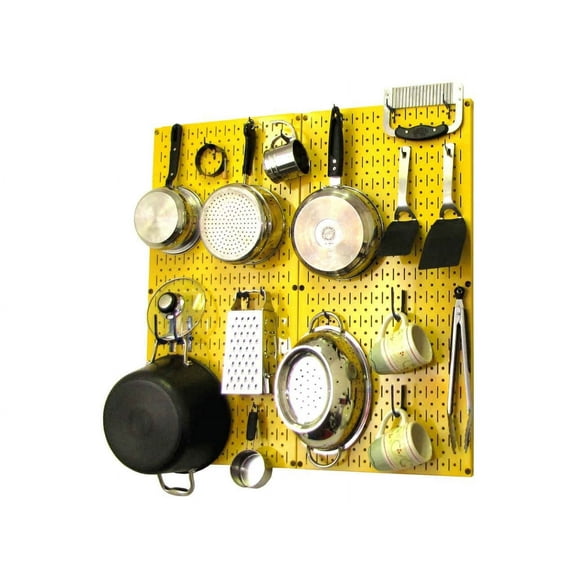 Wall Control Kitchen Pegboard Organizer Pots and Pans Pegboard Pack Storage and Organization Kit with Yellow Pegboard and Blue Accessories