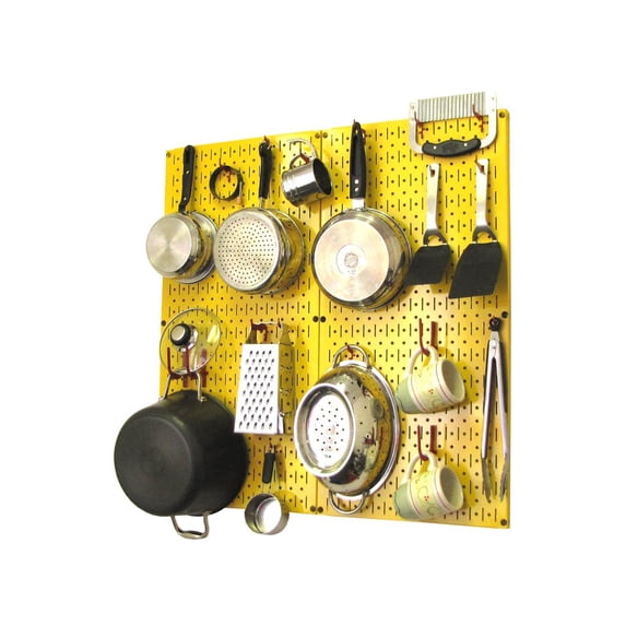 Wall Control Kitchen Pegboard Organizer Pots and Pans Pegboard Pack Storage and Organization Kit with Yellow Pegboard and Red Accessories