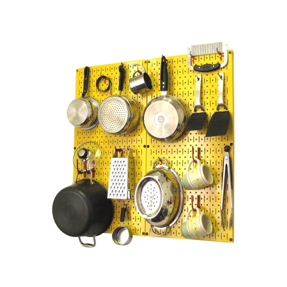 Wall Control Kitchen Pegboard Organizer Pots and Pans Pegboard Pack Storage and Organization Kit with Yellow Pegboard and Red Accessories