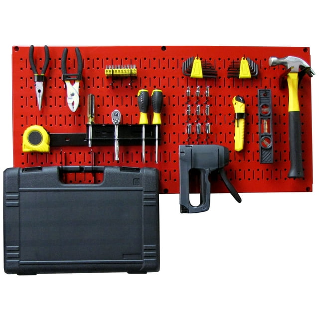 Wall Control Modular Pegboard Tool Organizer System - Wall-Mounted Metal Peg Board Tool Storage Unit for Pegboard Tiling (Red Pegboard)